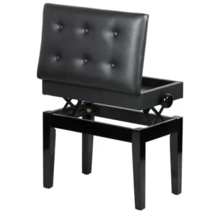 Klavierbank die höhenverstellbar ist hat ein geöffnetes Notenfach